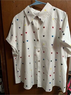 White Button-Up Shirt with Multicolor Heart Print